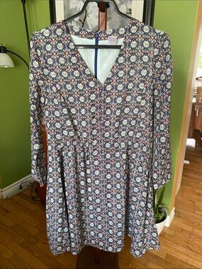 Esley Blue Multi-Print V-Neck Long Sleeve Dress
